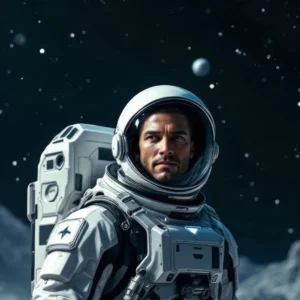 Fotobudka AI przedstawiająca mężczyznę jako astronautę podczas misji kosmicznej na tle gwiazd i powierzchni planety.