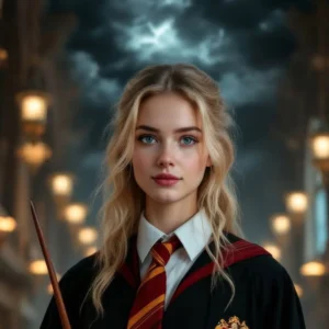 Fotobudka AI przedstawiająca kobietę jako uczennicę szkoły magii z różdżką w klimacie fantasy.