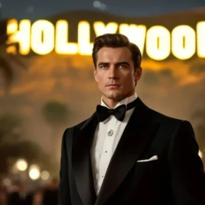 Efekt fotobudki AI przedstawiający mężczyznę jako gwiazdę Hollywood na czerwonym dywanie w eleganckim smokingu.