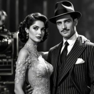 Efekt fotobudki AI przedstawiający parę w eleganckich strojach w stylu Hollywood lat 30. w czarno-białej stylistyce vintage.