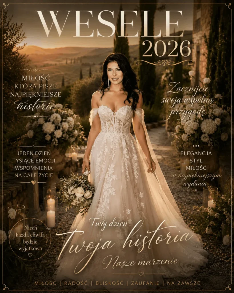 Fotografia AI przedstawiająca pannę młodą na eleganckiej ślubnej okładce magazynu wygenerowanej przez sztuczną inteligencję